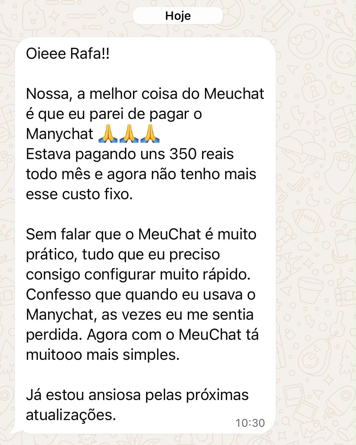 Mensagem da Angela contando que parou de pagar 350 reais por mês no ManyChat