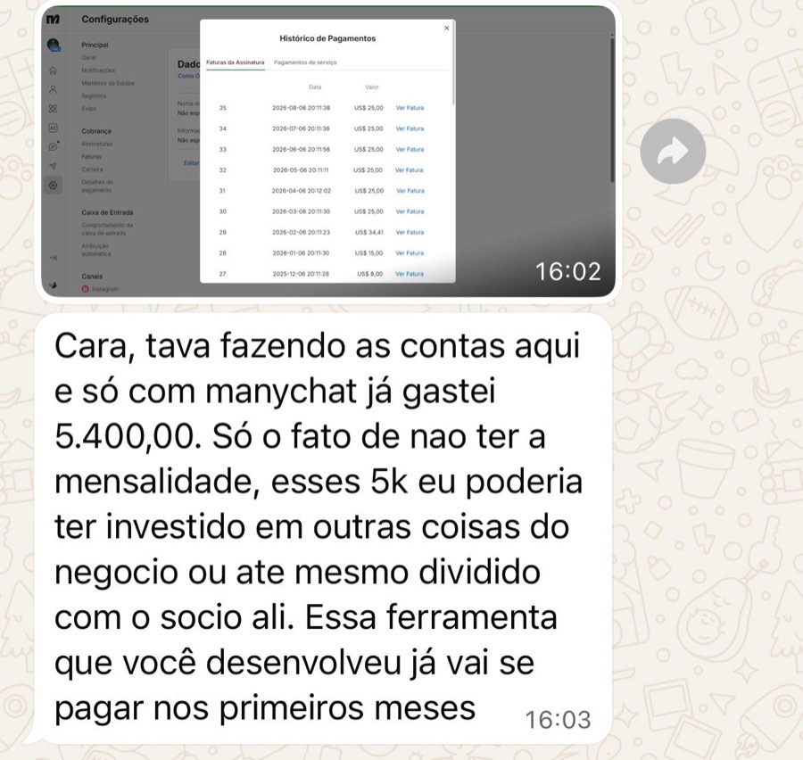 Mensagem do Kaio contando quanto já tinha gasto de mensalidade